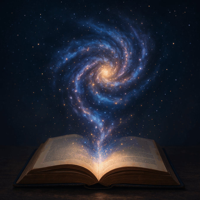 Ein geöffnetes Buch, aus dem eine Galaxie entspringt. Mythosphäre