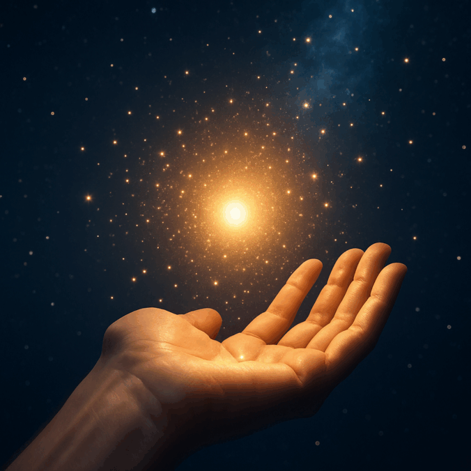 Hand mit Lichtkugel; Worte und Weisheit werden geteilt